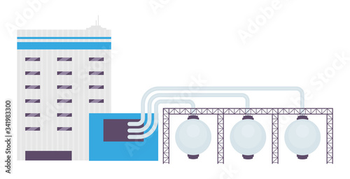 Industrial pipeline cartoon vector illustration. Factory building and supply tankers flat color objects. Natural resources processing equipment isolated on white background. Fuel storage system