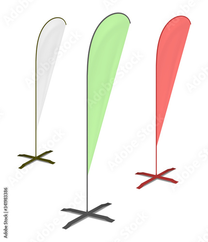 White blank teardrop flag banner stand, vector mockup. Vertical advertising display, mock-up. Color set. Template for design
