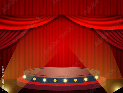 Background with red theatre curtain and podium