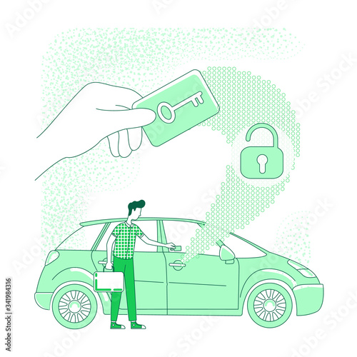 Vehicle access, keyless lock thin line concept vector illustration. Car door unlock card, man with electronic key 2D cartoon character for web design. RFID, secure and alarm system creative idea