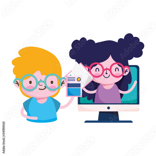 Girl and boy kid with diplom and computer vector design