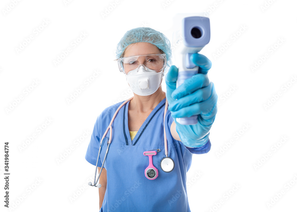 Medical nurse taking a temperature check for fever with infrared thermometer Medical nurse taking a temperature check for fever with infrared thermometer