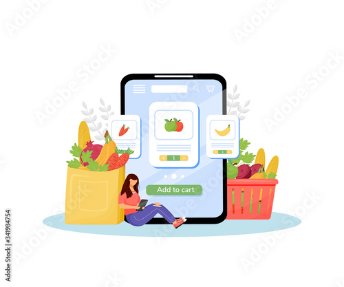 Online grocery flat concept vector illustration. Vegetables and fruits buyer, female customer with smartphone 2D cartoon character for web design. Online veggies ordering and delivery creative idea