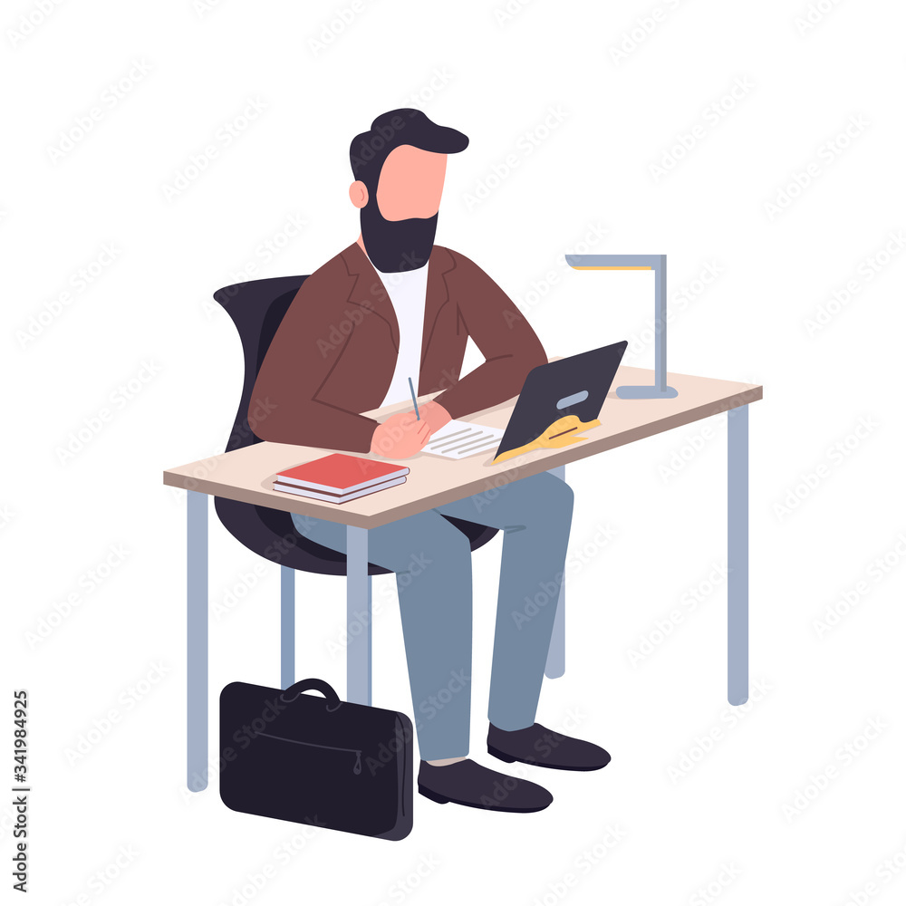 Man working at home flat color vector faceless character. School teacher sitting at desk isolated cartoon illustration for web graphic design and animation. Remote education, online classes, webinar
