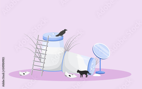 Bad omens flat concept vector illustration. Spilled salt and broken mirror with black cat and ace of spades 2D cartoon composition for web design. Common superstition, misfortune signs creative idea