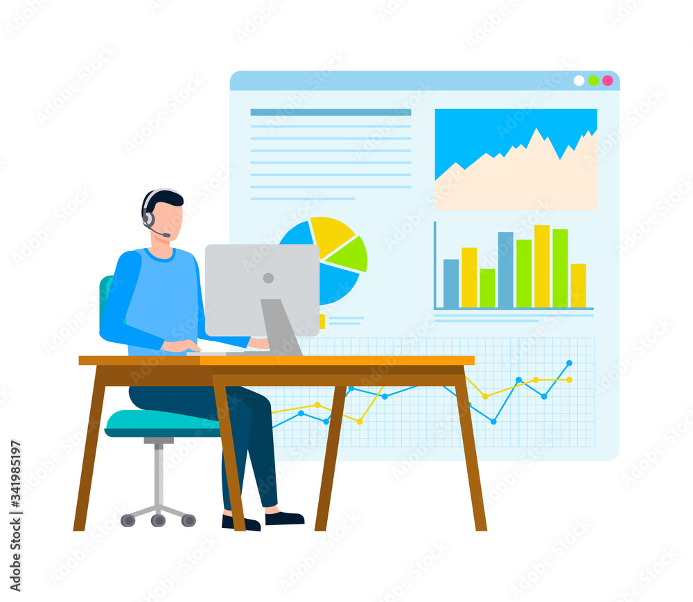 Whiteboard with information in visual representation vector, infochart worker with laptop working in office analyzing stats of business project results Whiteboard with information in visual representation vector, infochart worker with laptop working in office analyzing stats of business project results