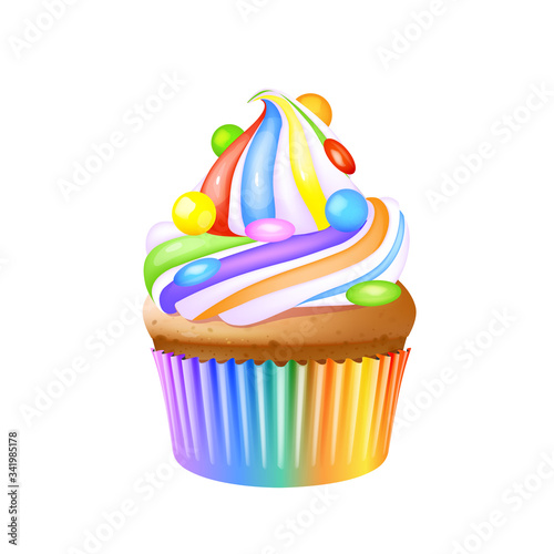Cupcake, delicious creamy muffin realistic vector illustration. Birthday dessert, confectionery, sweet stuff. Homemade pastry with frosting flavors decoration 3d isolated object on white background