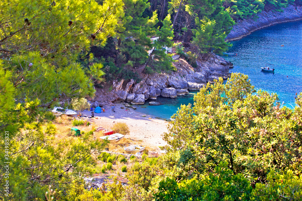 Korcula island hidden beach in green nature view