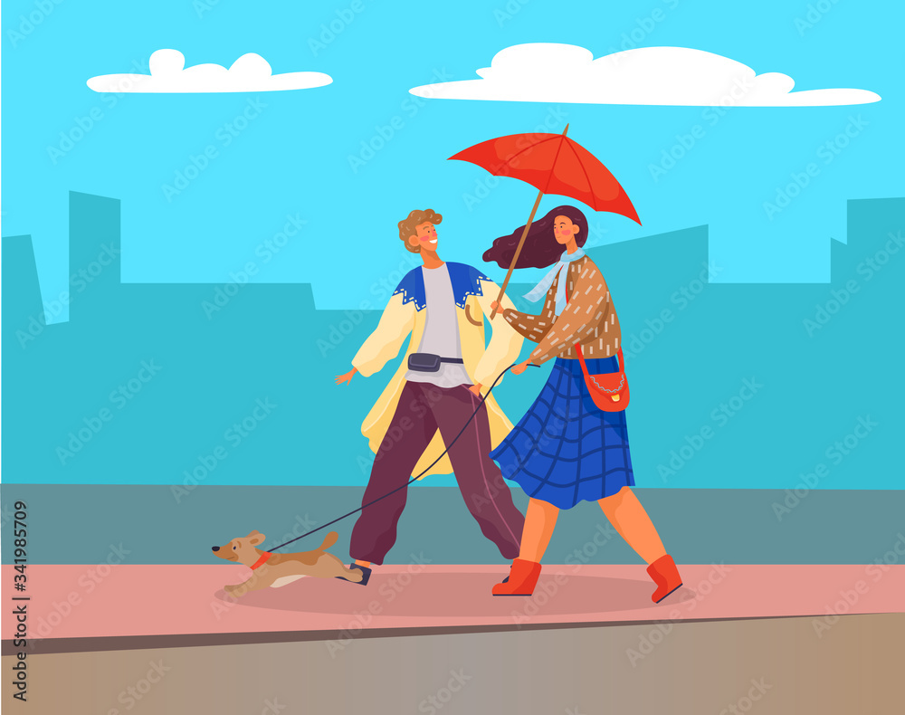 Man and woman walking with domestic pet on city street. People on date or friends meeting. Couple stroll with dog on leash. Silhouette of cityscape on background. Vector illustration in flat style