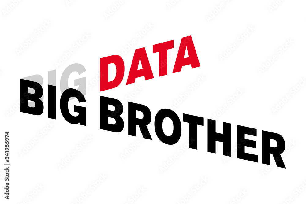 Big Data Big Brother lettering. Words shown in capital letters, distorted and offset, with a three-dimensional effect. Red, gray and black letters. Isolated illustration on white background. Vector.
