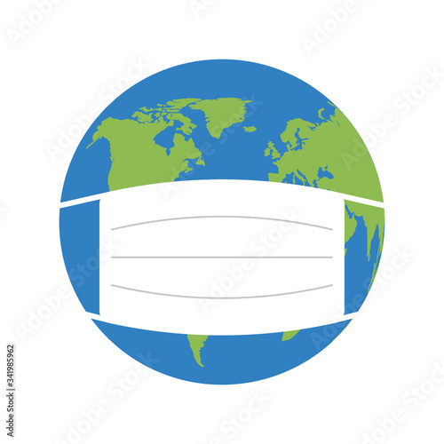 Planet earth with face mask protection, medical mask. Save planet from corona virus, environmental disaster, pollution. Safe wear mask, prevention from virus. Safety globe, world. Vector illustration