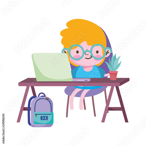 Boy kid laptop and plant on desk vector design