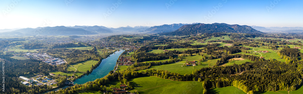 Naklejka premium Aerial Panorama Bad Tölz, Isar Valley, Germany Bavarian Alps. Sunrise