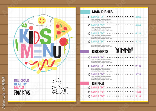 Cute colorful kids meal menu placemat design vector template