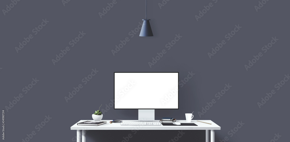 New computer display and office tools on desk. Blank desktop computer screen. Modern creative workspace background. Front view. New computer display and office tools on desk. Blank desktop computer screen. Modern creative workspace background. Front view.