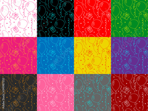 Set of birthday seamless patterns with balloons, gifts, confetti on various backgrounds