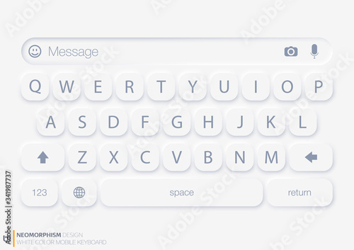 Realistic Mockup app mobile keyboard messenger white color concept. Social / UI / UX Neomorphism design. Vector illustration EPS 10.

