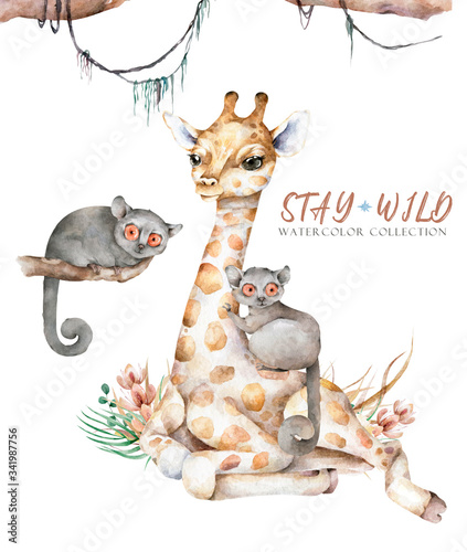 Poster with cute giraffe and mouse lemur. Watercolor cartoon giraffe tropical animal illustration. Jungle exotic summer design
