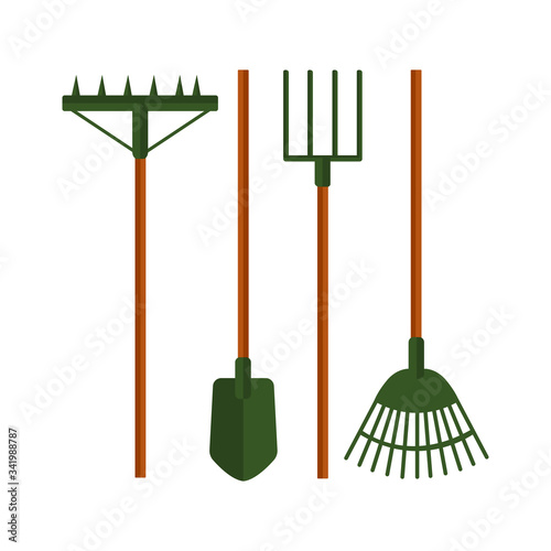 Shovel or spade, rake and pitchfork icons isolated on white background. Black silhouettes of garden items. Design sites icons for offerings. Vector and stock illustration.