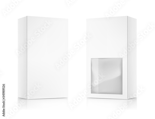Universal mockup of blank cardboard box with transparent window. Vector illustration isolated on white background, ready and simple to use for your design. EPS10.	