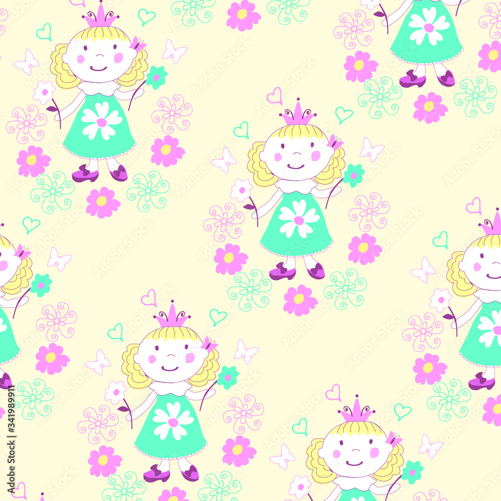 Sweet funny girl and cream background. Unique Princess with flowers, butterflies and hearts vector seamless illustration clipart elements isolated on white perfect for print and all kinds of children Sweet funny girl and cream background. Unique Princess with flowers, butterflies and hearts vector seamless illustration clipart elements isolated on white perfect for print and all kinds of children