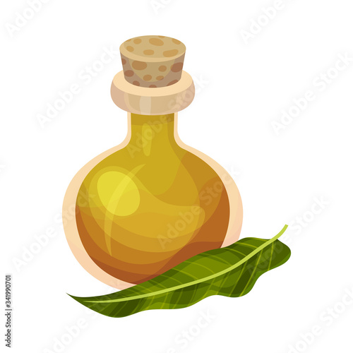Essential Oil of Neem Plant Poured in Corked Glass Bottle with Leaf Rested Nearby Vector Illustration