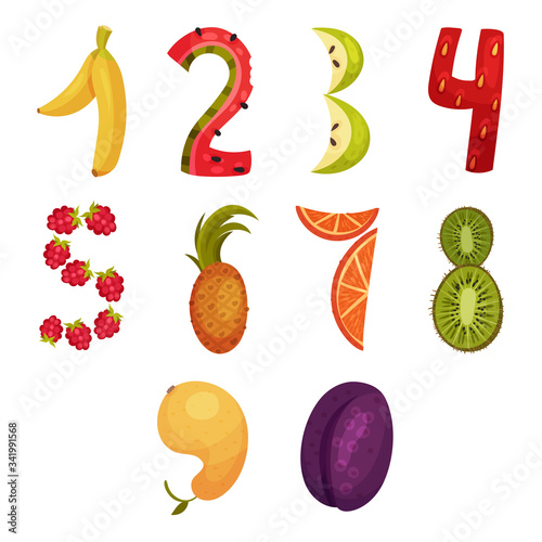 Numbers Made of Fresh Juicy Fruits Vector Set