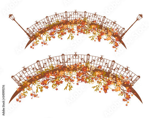 elegant iron arch bridge decorated with autumn tree branches and lush foliage - fall season vector design set