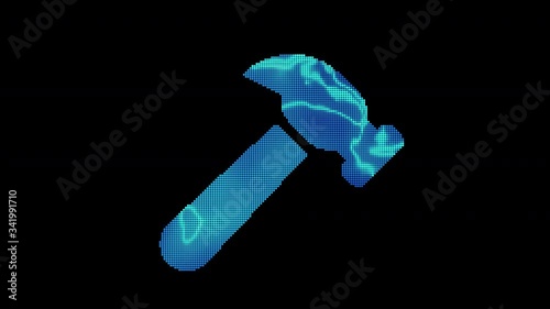 The symbol hammer is assembled from small balls. Then it shimmers with blue. It crumbles and disappears. In - Out loop. Alpha channel photo