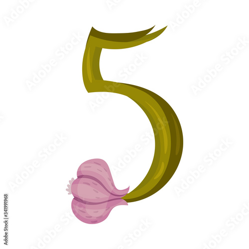 Number Made of Fresh Garlic with Green Leaves Vector Illustration