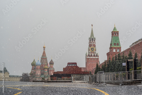 Moscow, Russia, April 5, 2020. Coronavirus Quarantine, Covid-19, in Moscow Snow over Red Square photo