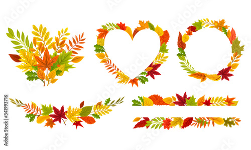 Autumn Foliage Arranged in Frames and Shaped Compositions Vector Set