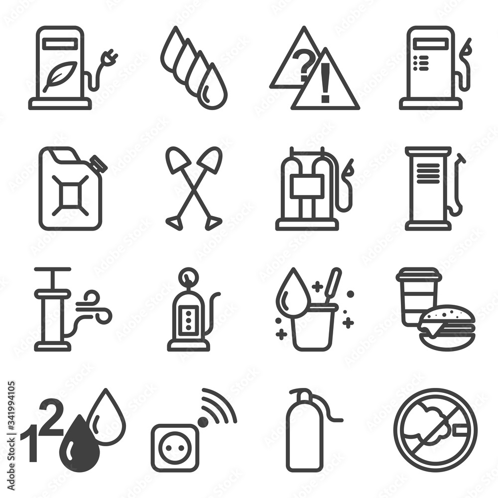 Car gas station icons set. A package of images containing fuels, services and activities at a gas station. Isolated linear vector on a white background. Car gas station icons set. A package of images containing fuels, services and activities at a gas station. Isolated linear vector on a white background.