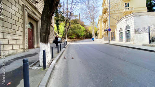 Fototapeta Naklejka Na Ścianę i Meble -  TBILISI, GEORGIA - APRIL 18, 2020: Empty Tbilisi, Street is normally gridlocked with shoppers and traffic.