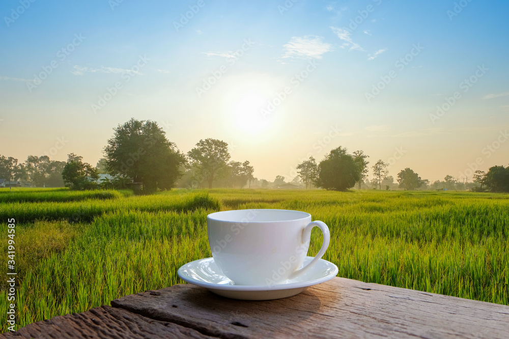 A cup of coffee on wooden table beside green natural field in the morning sunrise. A cup of coffee on wooden table beside green natural field in the morning sunrise.