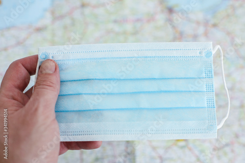 Close up of blue surgical mask