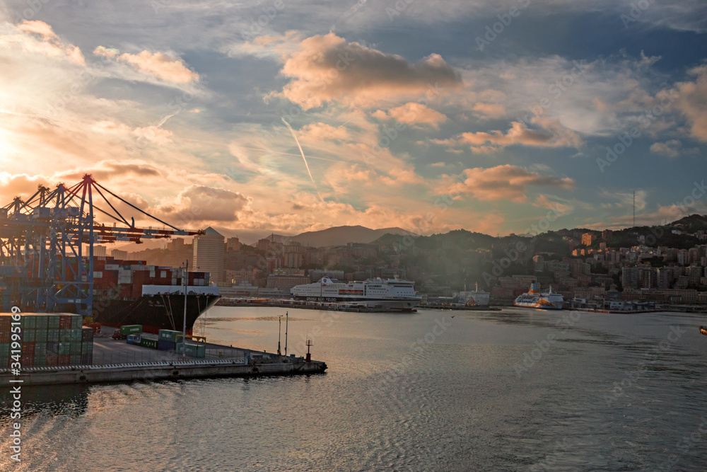 Panoramic view of Genoa and its port seen from the sea.
