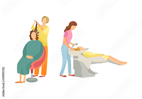 Spa salon hairdresser and stylist making new hairstyle. Isolated icons of people working in beauty industry set vector. Washing head of woman client
