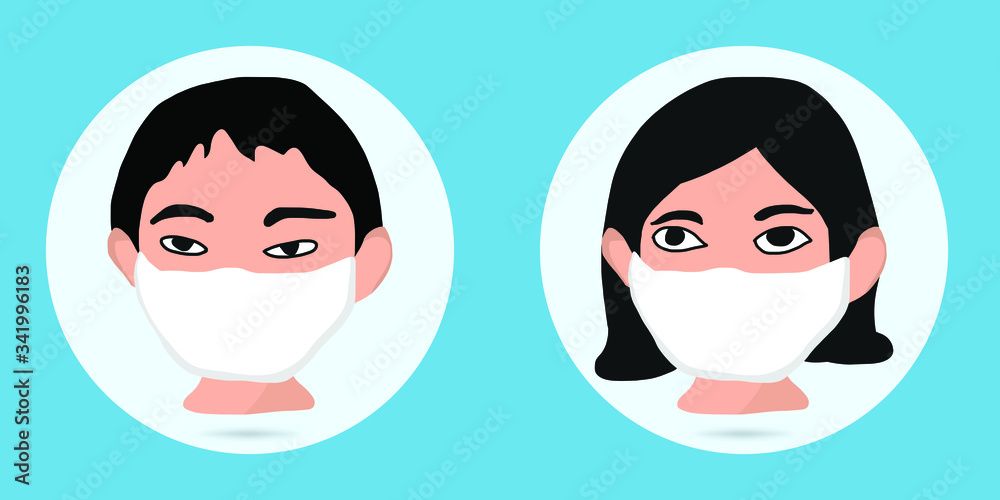 Obraz premium Man and Woman in medical face protection mask. Vector icon people wearing protective surgical mask. flu mask icon man and woman wearing face mask for virus protection. Vector illustration