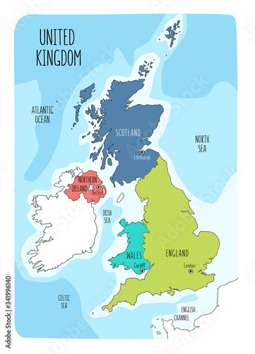 Hand drawn map of the United Kingdom including England, Wales, Scotland and Northern Ireland and their capital cities.