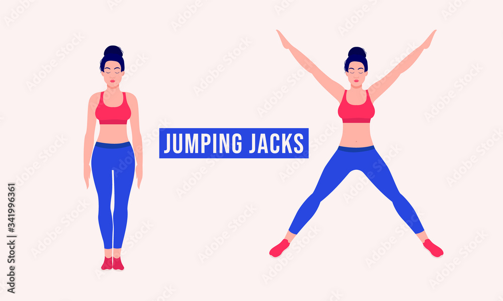 Woman doing a jumping jack exercise. Warm-up Stock Vector