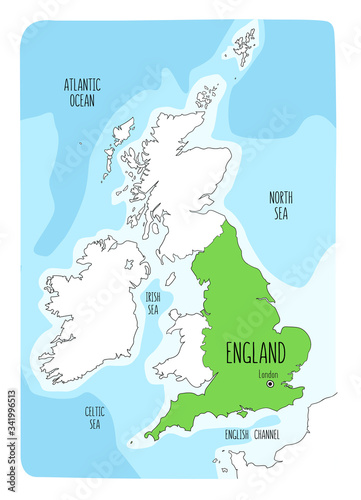 Hand drawn map of England and the British Isles.