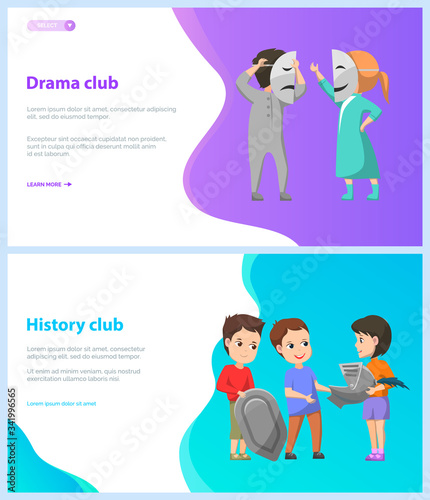 Drama and history club vector, children giving performance at stage. Back to school concept, boy and girl with shield and helmet of ancient warrior on battle. Website or webpage template, landing page