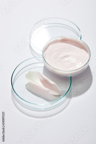 High angle view of laboratory glassware with cosmetic cream and rose petal on grey background