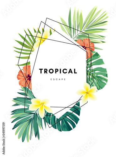 Green summer tropical background with exotic monstera palm leaves, pineapples, plumeria and hibiscus flowers. Vector floral background. Party flyer, invitation or banner template.