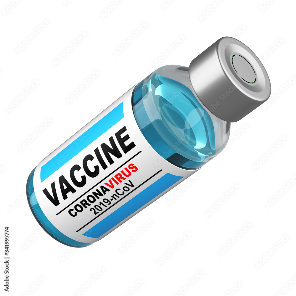 Glass bottle with vaccine antiviral against coronavirus COVID-19. Remedy against the pandemic.
