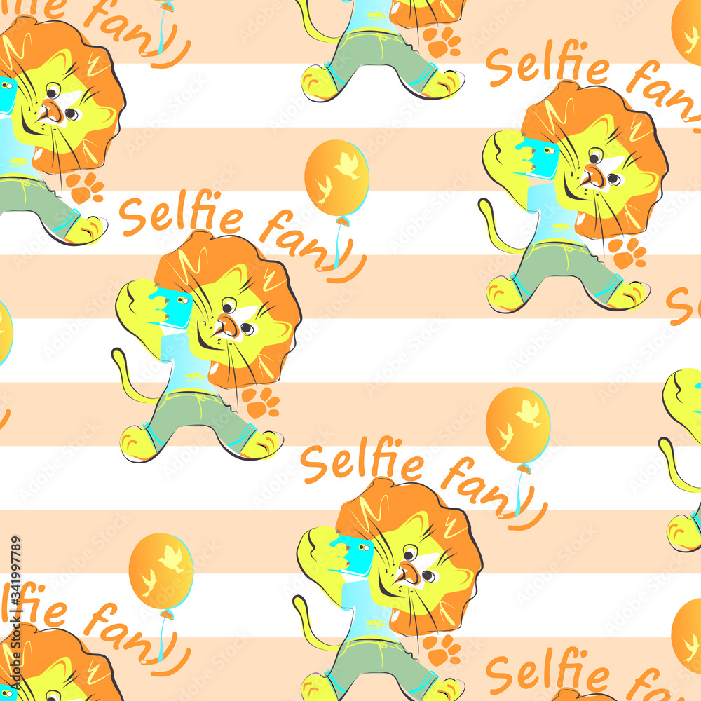 Seamless pattern with unique lion with stripe background. Selfie fan vector seamless illustration clipart elements isolated on white perfect for print and all kinds of children design. Seamless pattern with unique lion with stripe background. Selfie fan vector seamless illustration clipart elements isolated on white perfect for print and all kinds of children design.