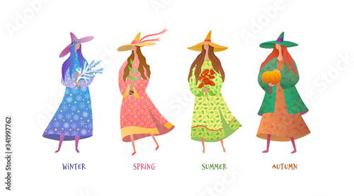 Set of four Fairies for every season:winter, spring, summer, autumn.
Cartoon vector colorful isolated illustration with texture. 