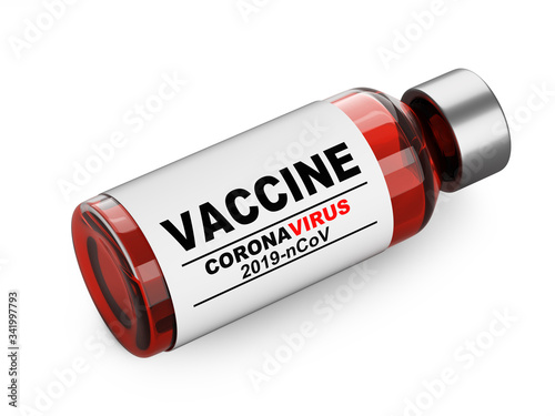 Glass bottle with vaccine antiviral against coronavirus COVID-19. Remedy against the pandemic.
