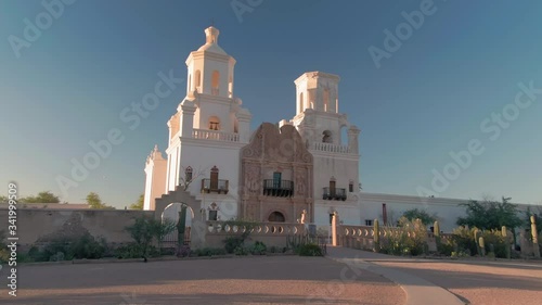 Tucson, Arizona, USA. 29 April 2020. Aerial view of Mission San Xavier del Bac, a historic Spanish Catholic mission on the Tohono O'odham Nation San Xavier Indian Reservation. photo